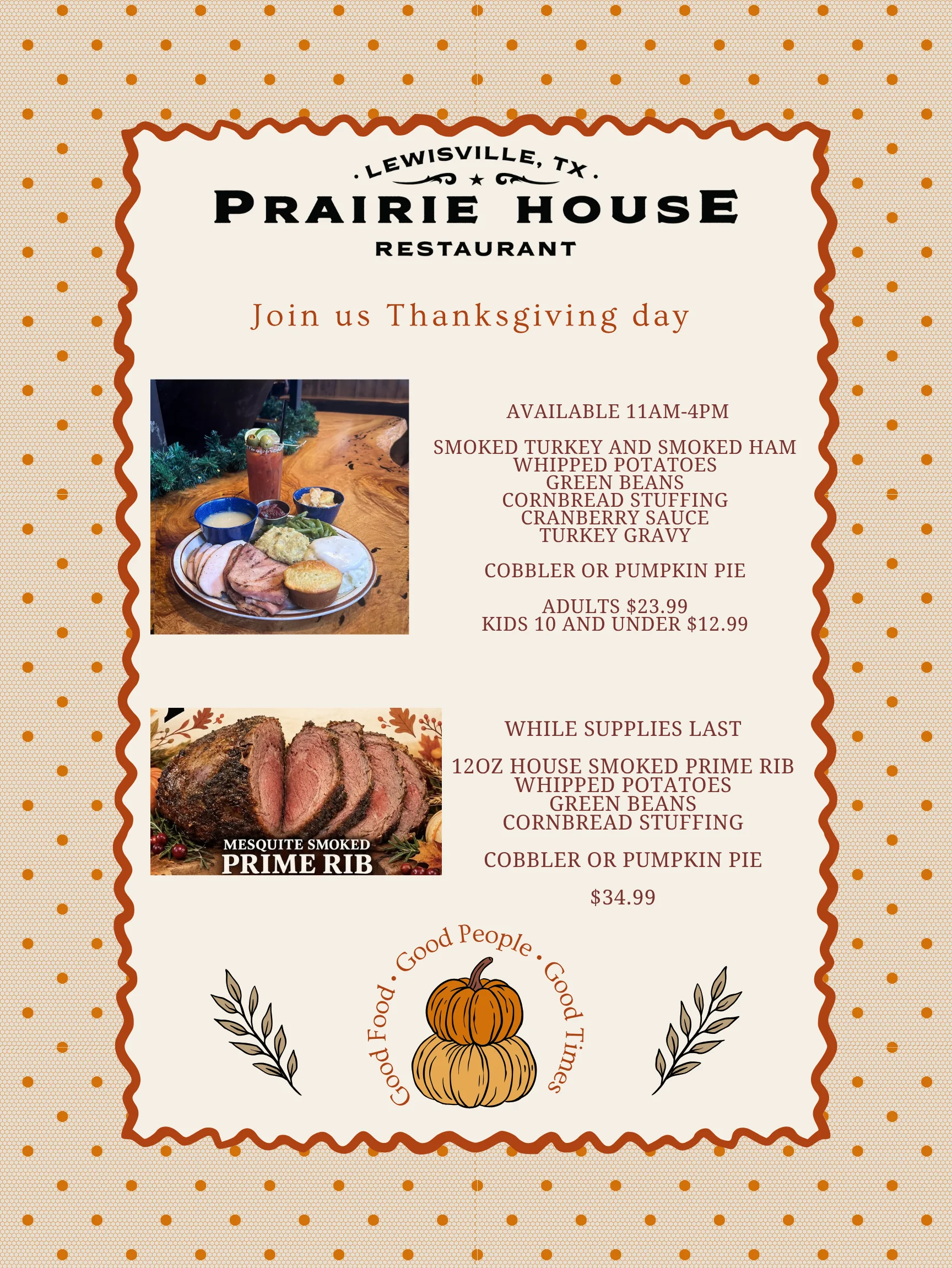 Prairie House Lewisville Thanksgiving Day Dinner Menu