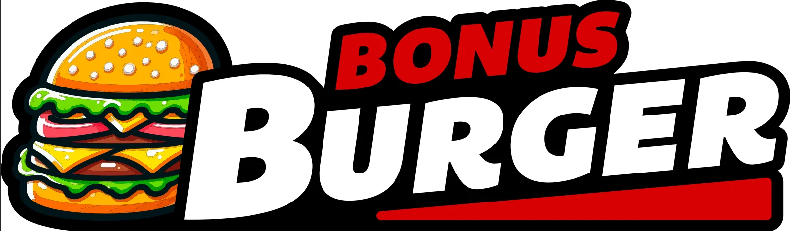 Colorful logo for Bonus Burger featuring a stacked burger illustration