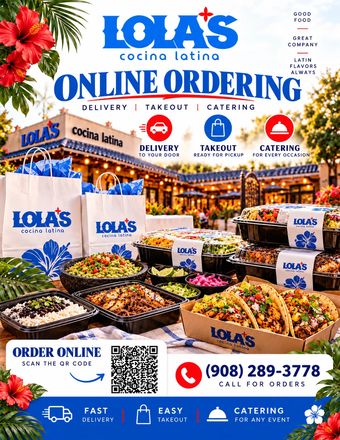 Latin takeout spread with tacos, rice, and catering containers
