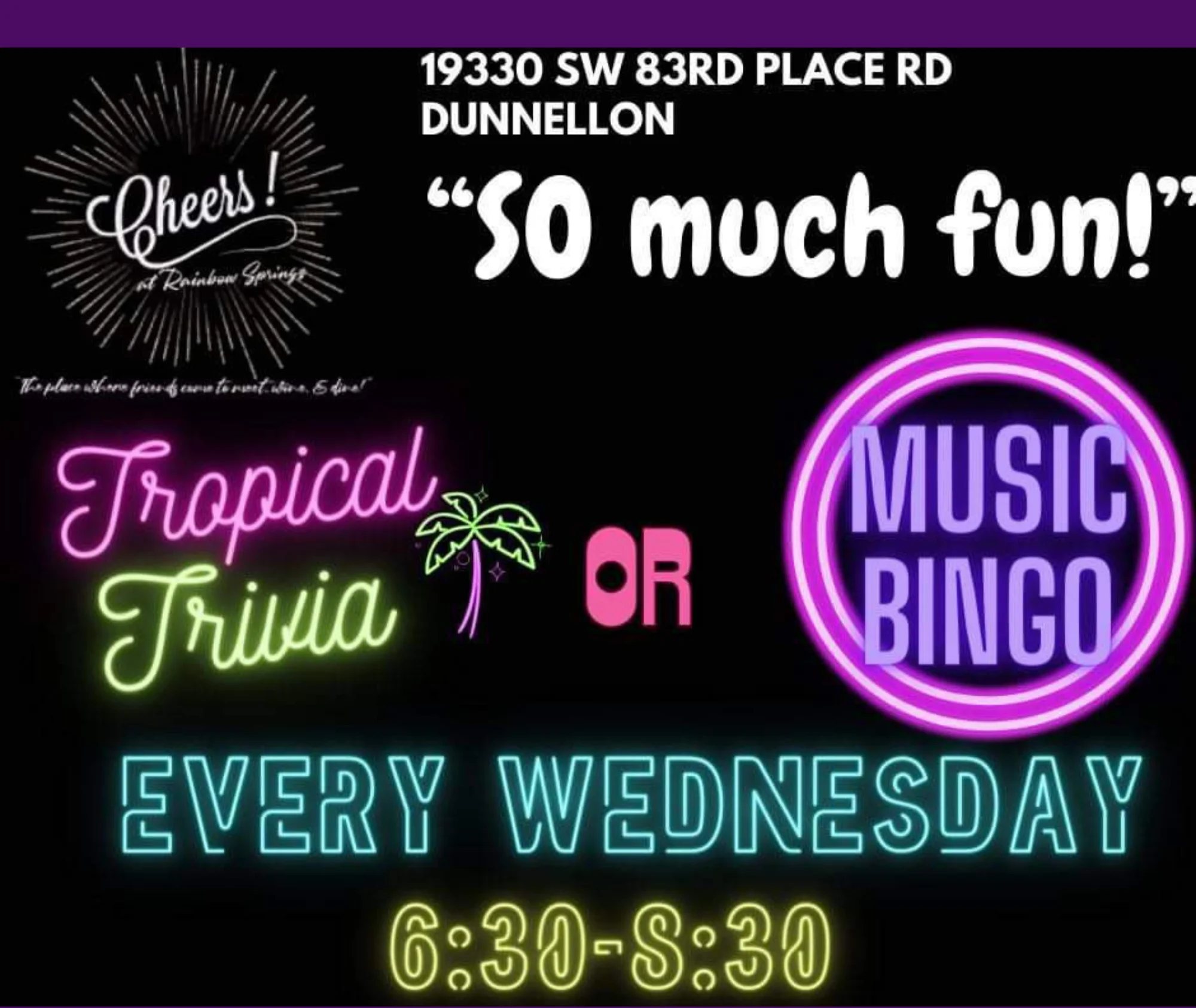 Event flyer for Tropical Trivia and Music Bingo at Cheers! restaurant