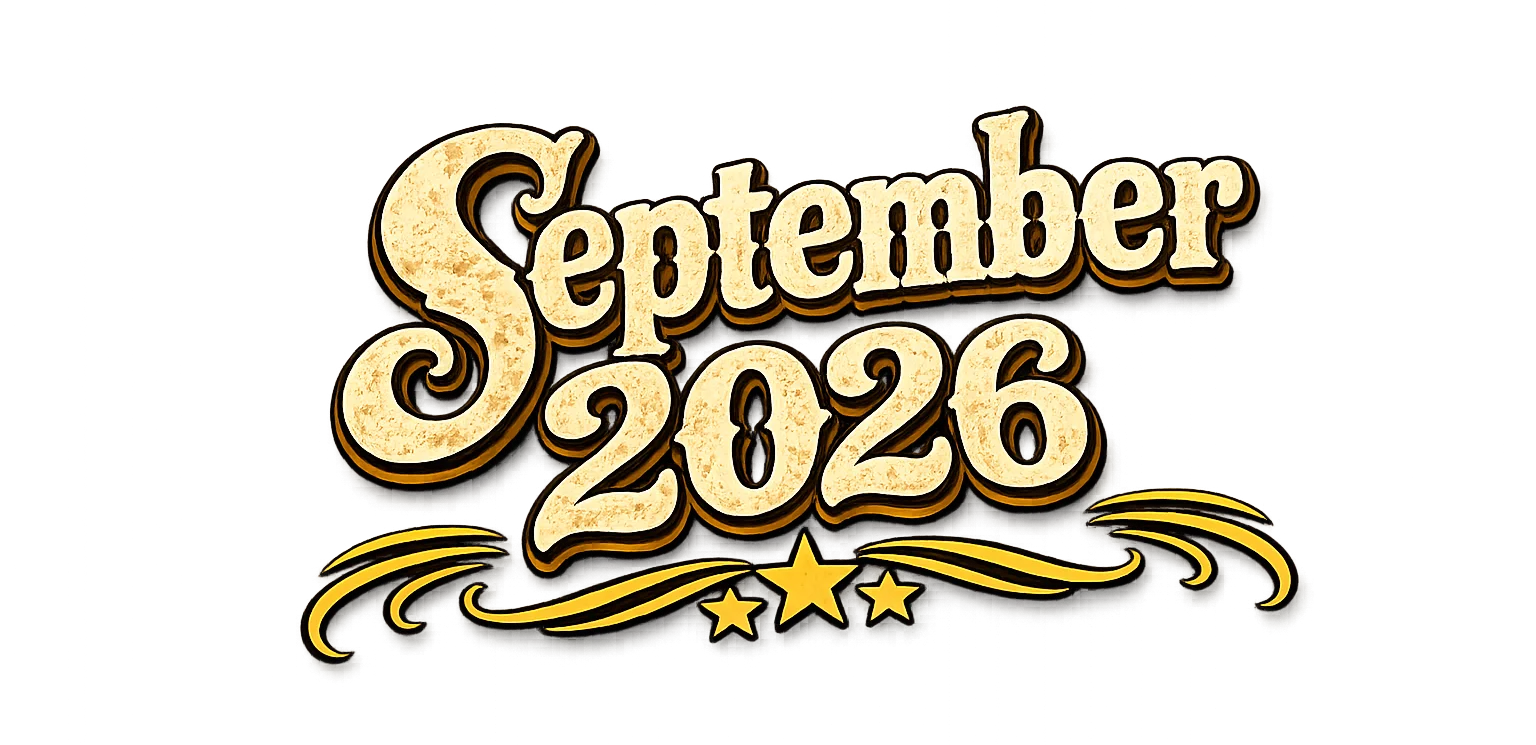 Stylized text reading 'September 2026' with decorative elements.