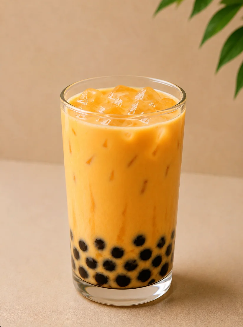 A glass of yellow-orange drink with ice and black tapioca pearls layered at the bottom.
