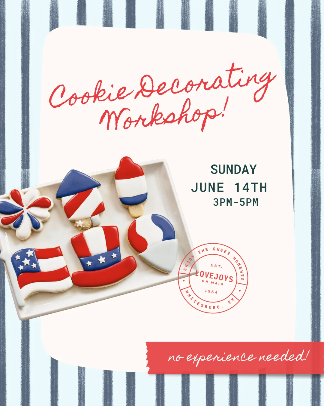 Cookie decorating workshop announcement with themed cookies.