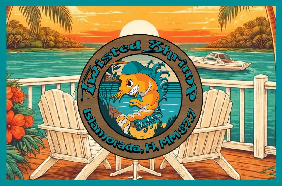 Colorful logo of Twisted Shrimp restaurant in Islamorada, Florida