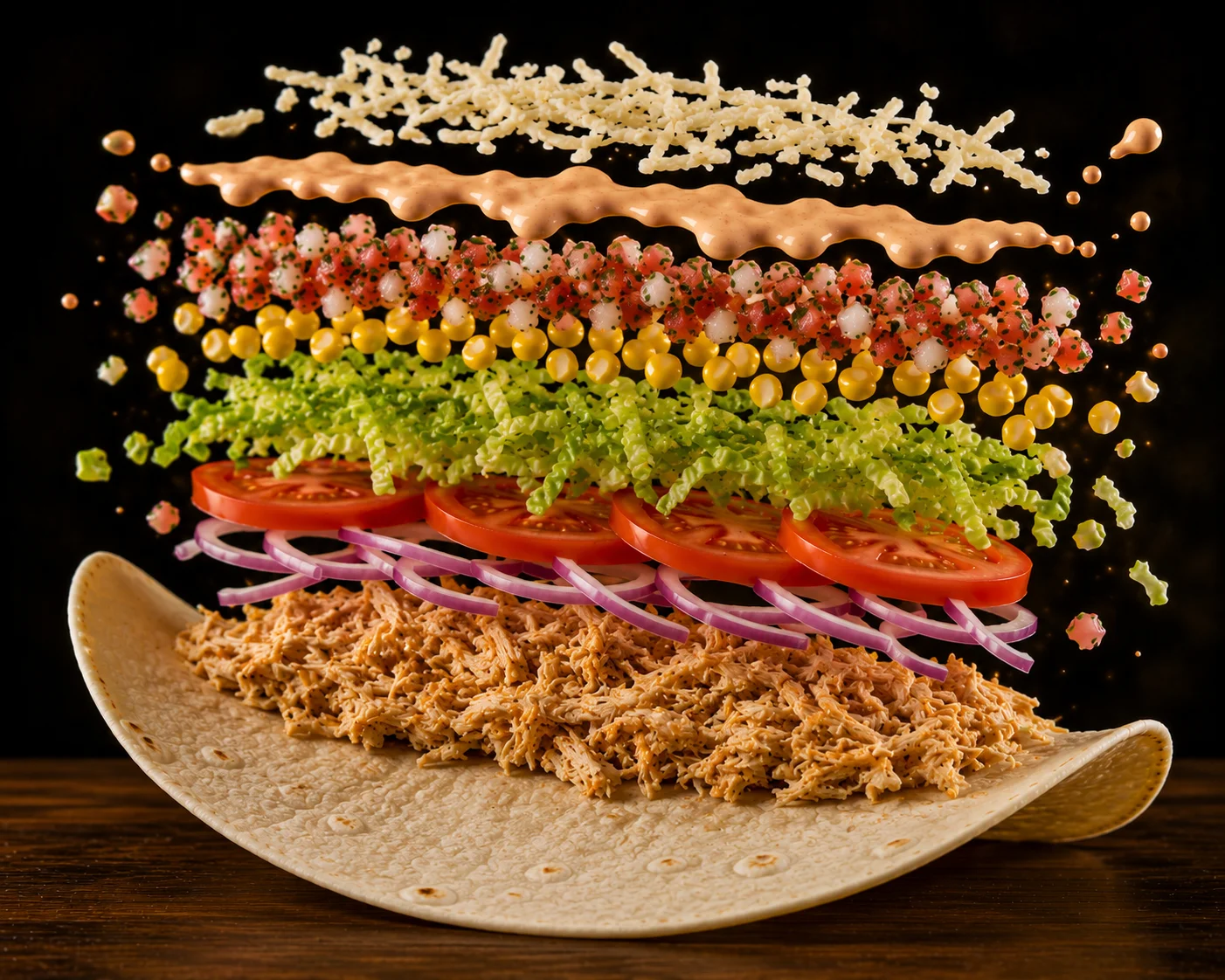 A colorful layered dish featuring shredded chicken, fresh vegetables, and toppings, all arranged on a tortilla.