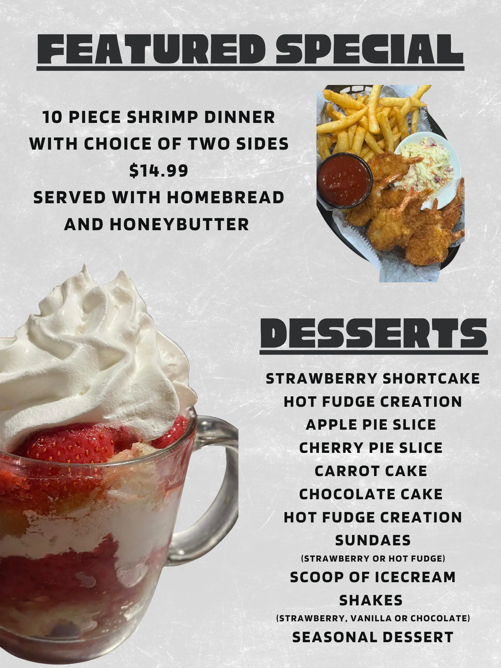 Crispy fried shrimp dinner with sides and honey butter