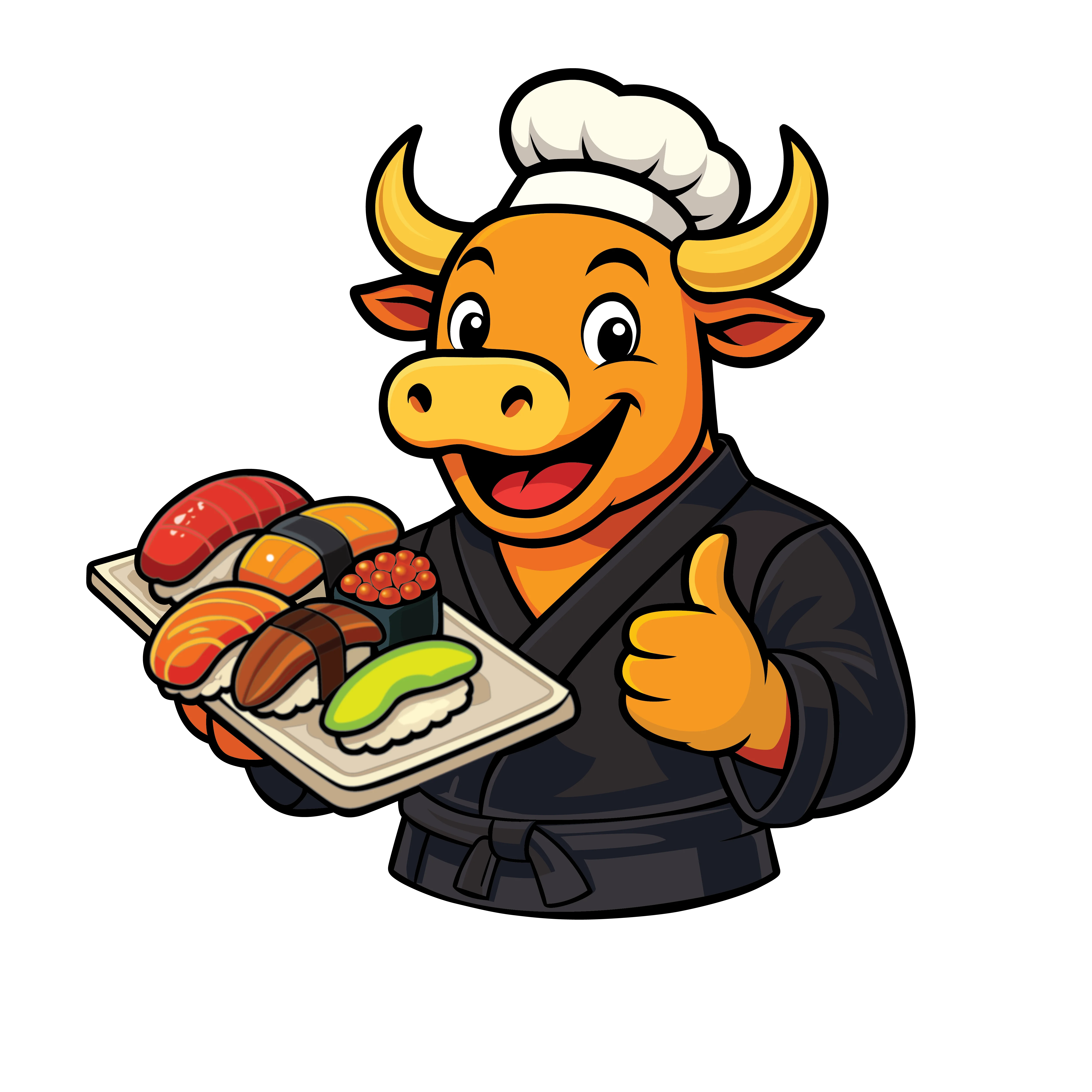 A cheerful cartoon character resembling a bull wearing a chef's hat and robe, proudly holding a platter of various sushi types.