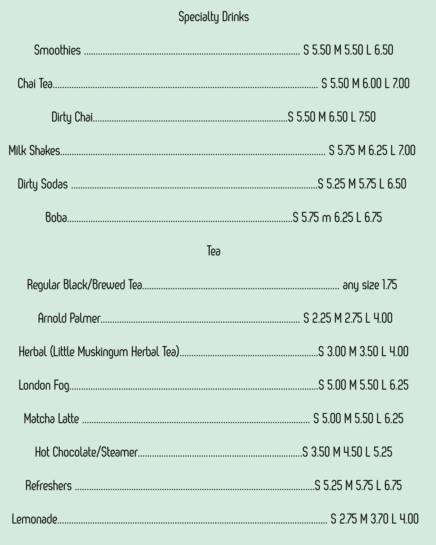 Coffee and espresso drink menu with prices