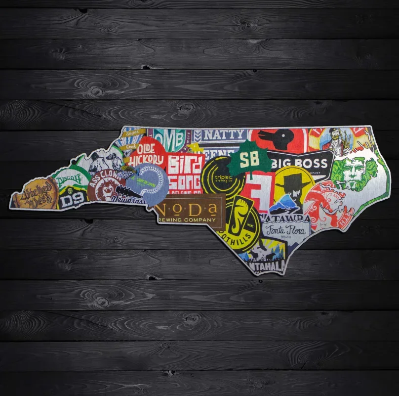 Artistic representation of North Carolina breweries and craft beer logos
