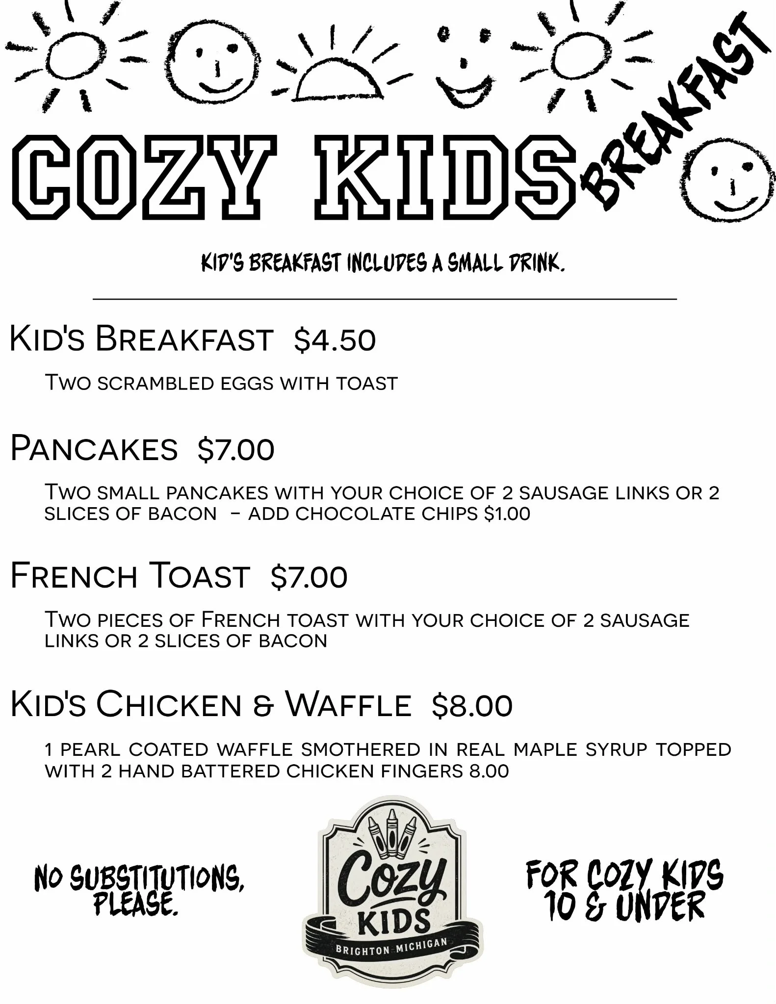 Kid's breakfast menu featuring pancakes and waffles
