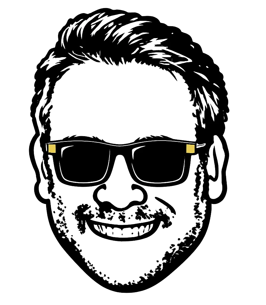 Stylized illustration of a smiling man with sunglasses