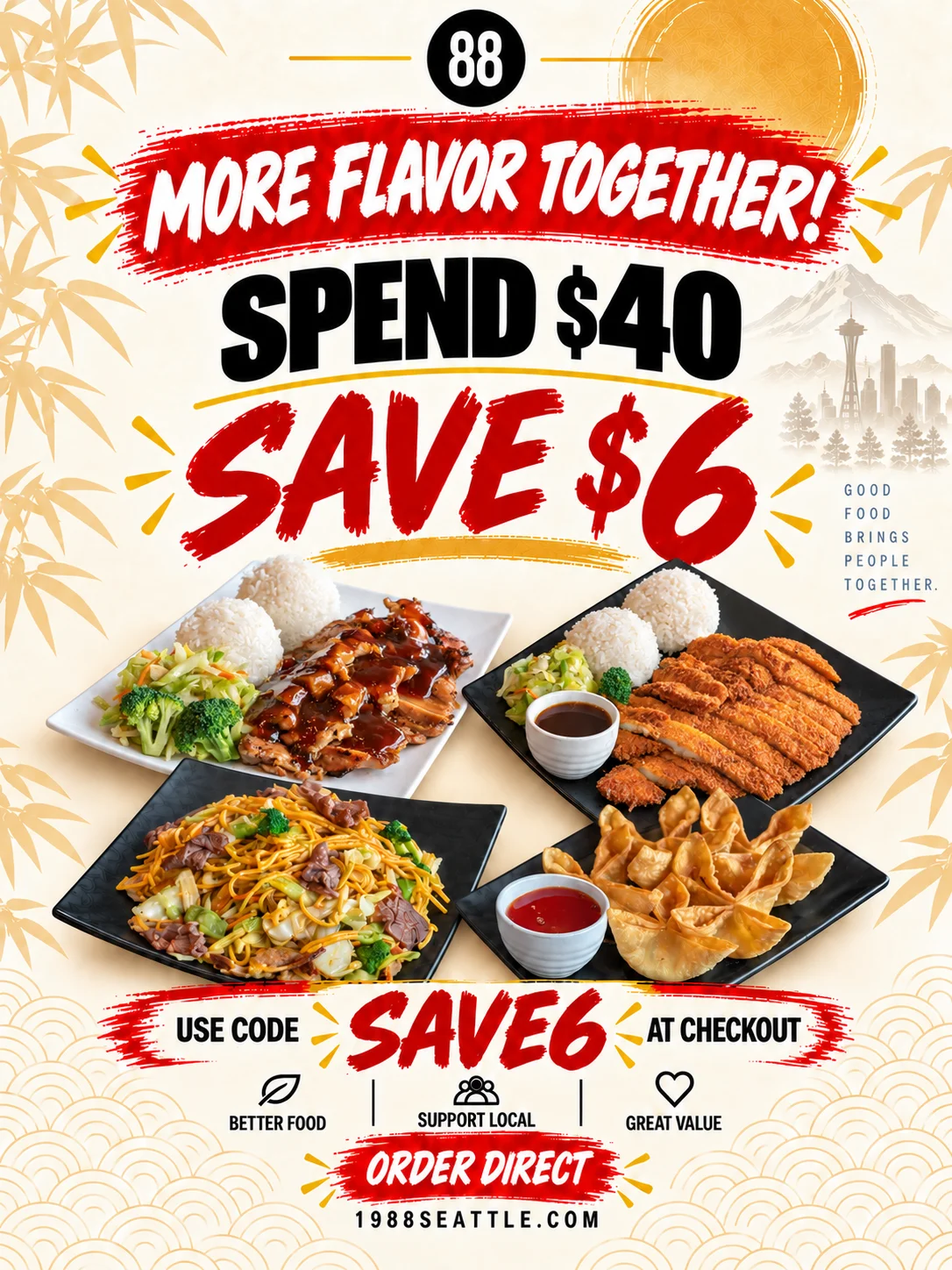 Asian restaurant promotion featuring teriyaki chicken, chicken katsu, chow mein, and crispy wontons