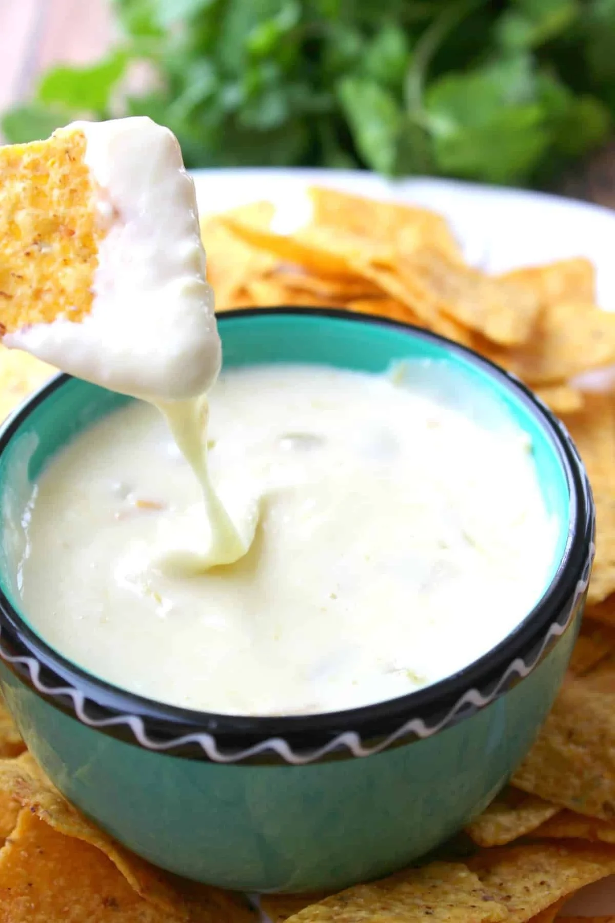 Creamy cheese dip with tortilla chips for dipping.