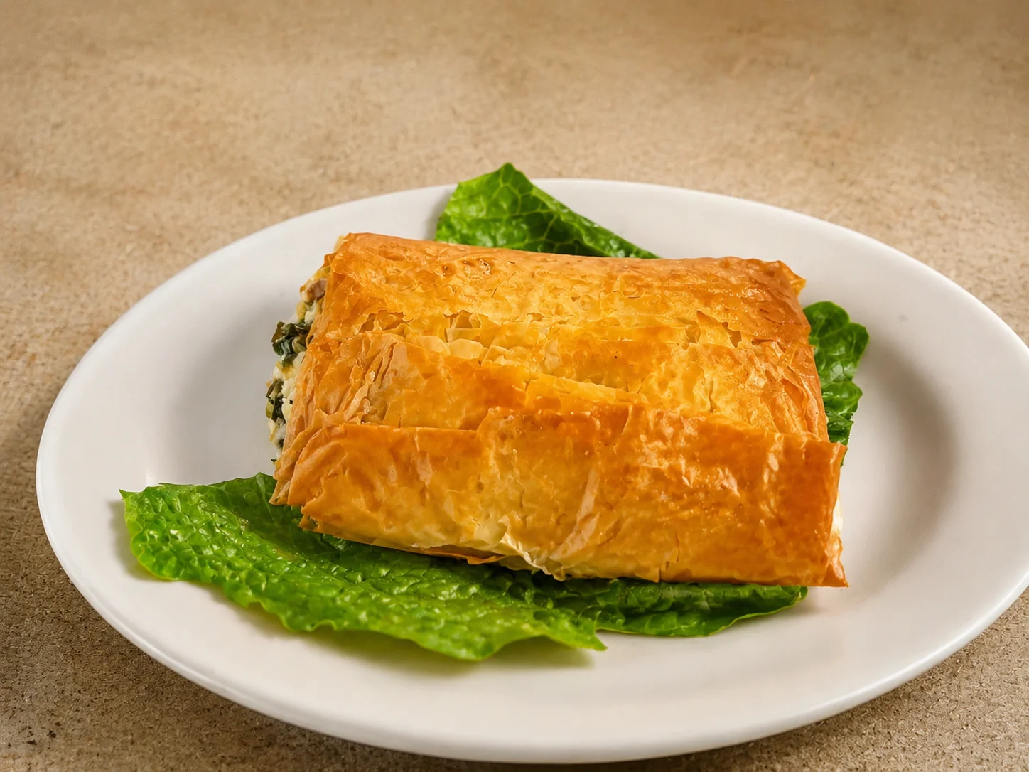 Savory Greek spanakopita pastry on a plate with lettuce garnish