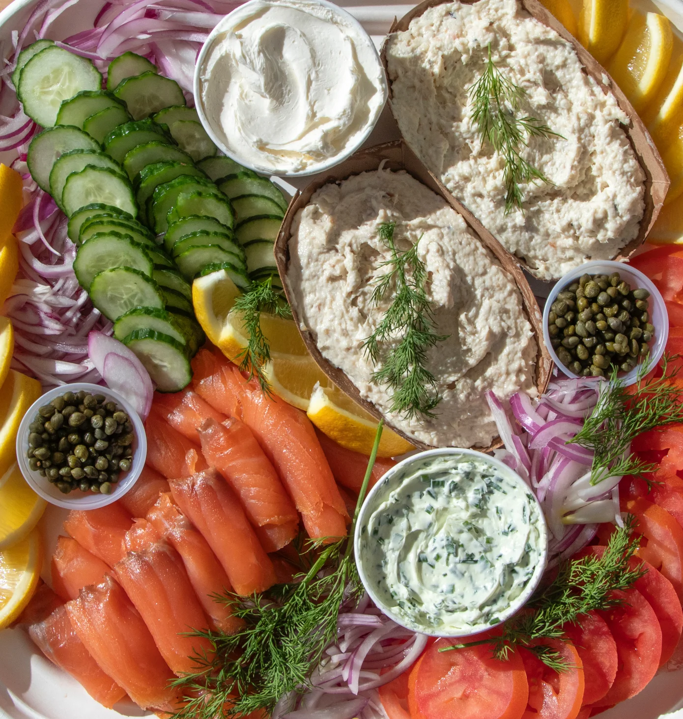 White platter holding smoked fish, cucumbers, tomatoes, whitefish salad, red onions, capers, cream cheese, lemon wedges, and dill