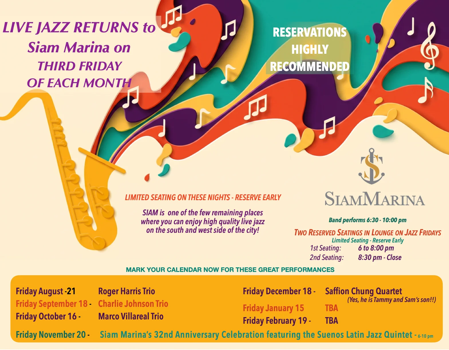 Live jazz event announcement at Siam Marina restaurant