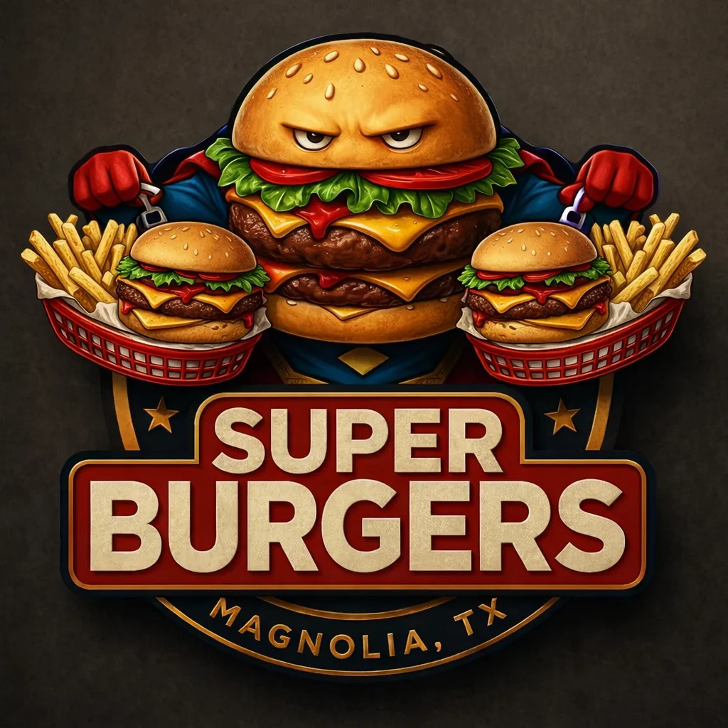Cartoon-style logo for Super Burgers in Magnolia, TX