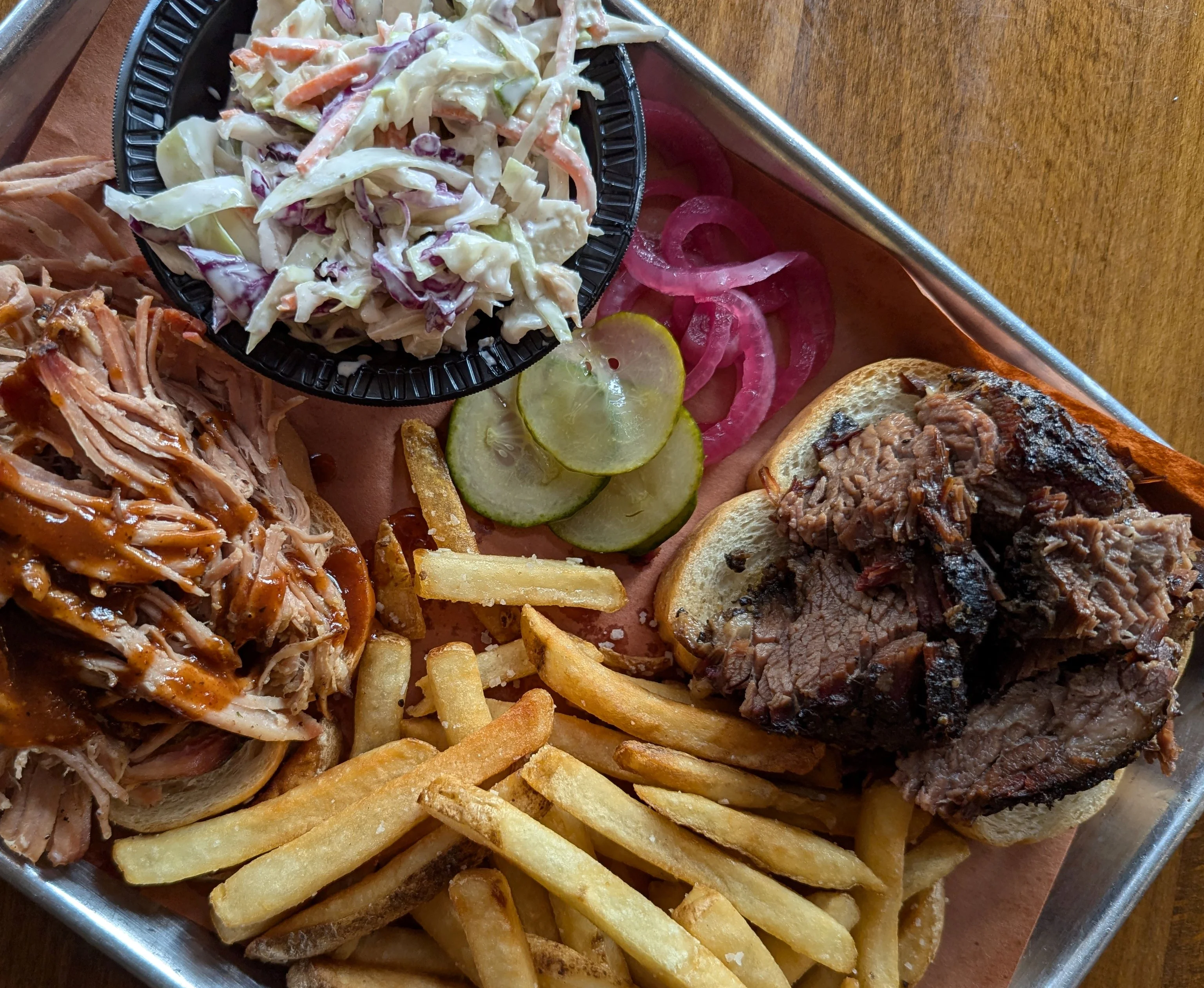 Texas-style barbecue platter with brisket and pulled pork
