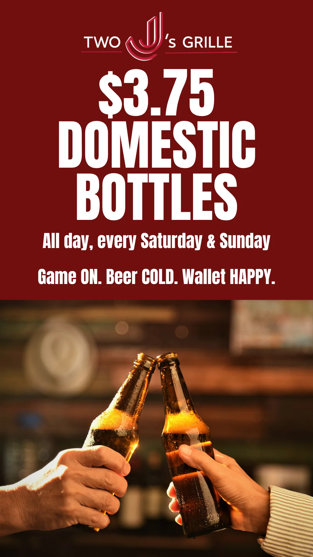Cheers with cold domestic beer bottles at a lively bar