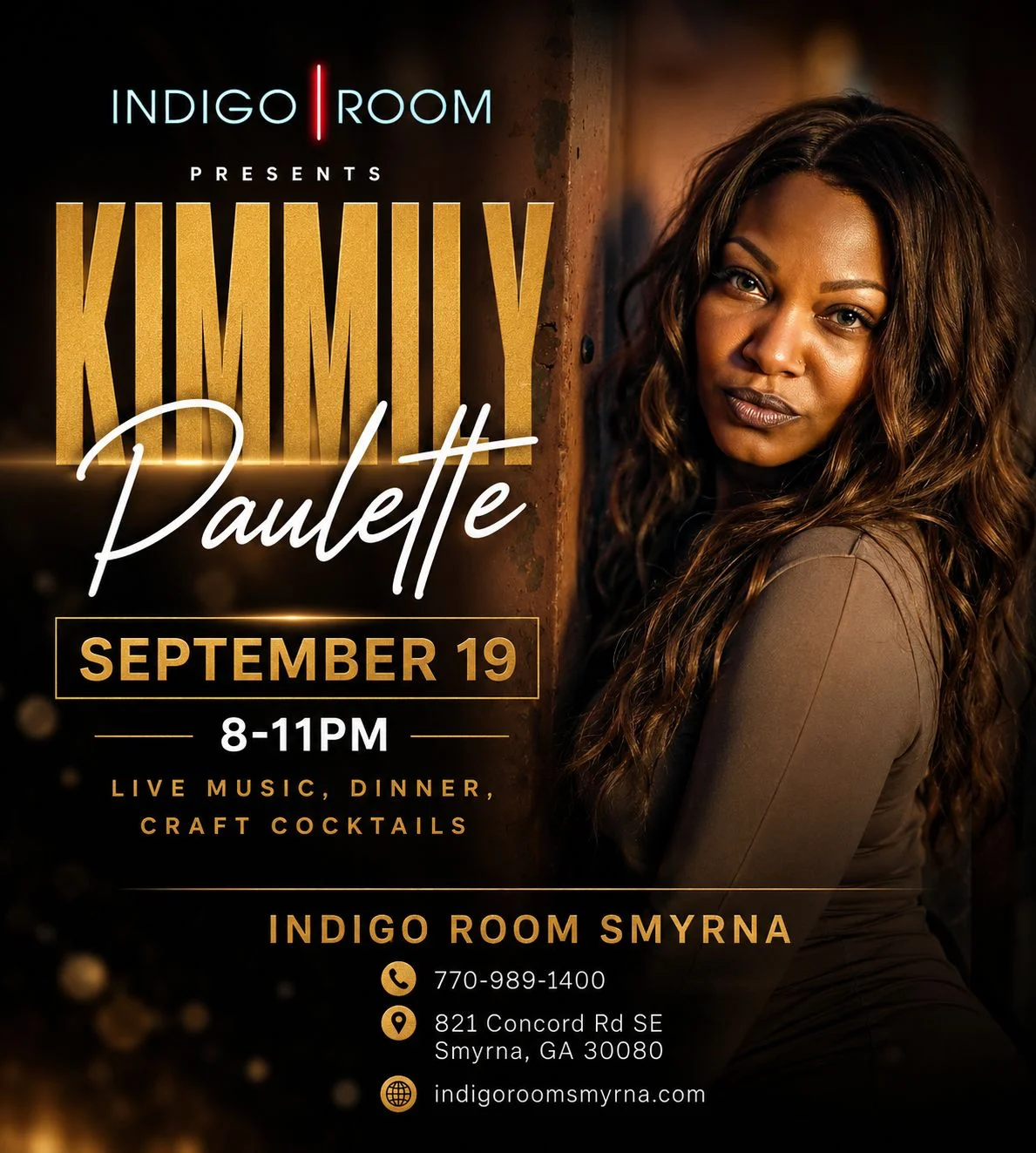 Promotional poster for live music event at Indigo Room featuring Kimmily Paulette