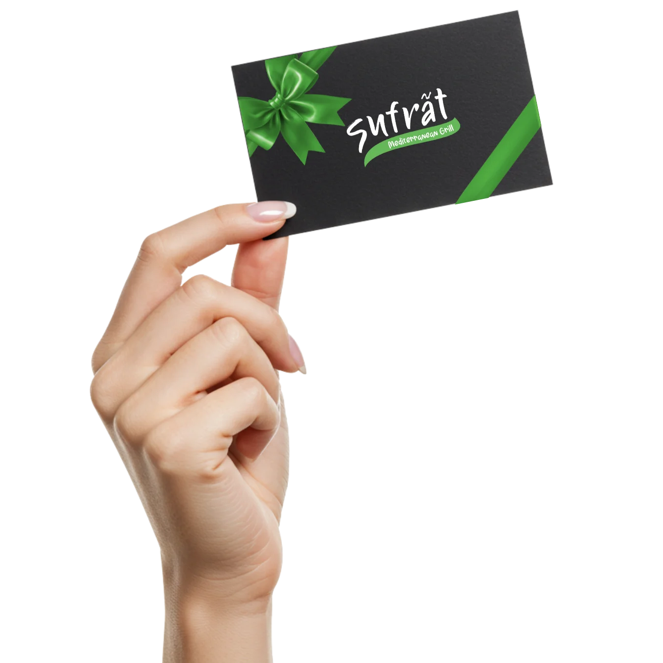 A hand with manicured nails holds a black card that says sufrat featuring a green ribbon and bow design. It conveys a sleek and elegant tone.