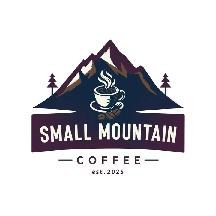 Logo for Small Mountain Coffee featuring mountains and a coffee cup