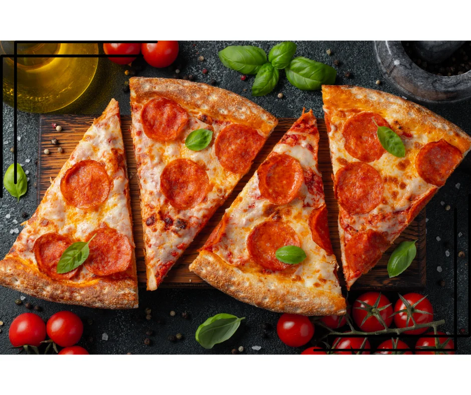 Pepperoni pizza served on a wooden board