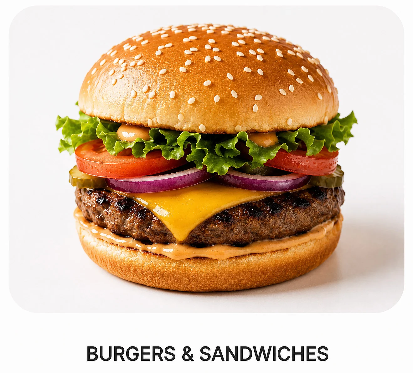 Classic cheeseburger with lettuce, tomato, and onion