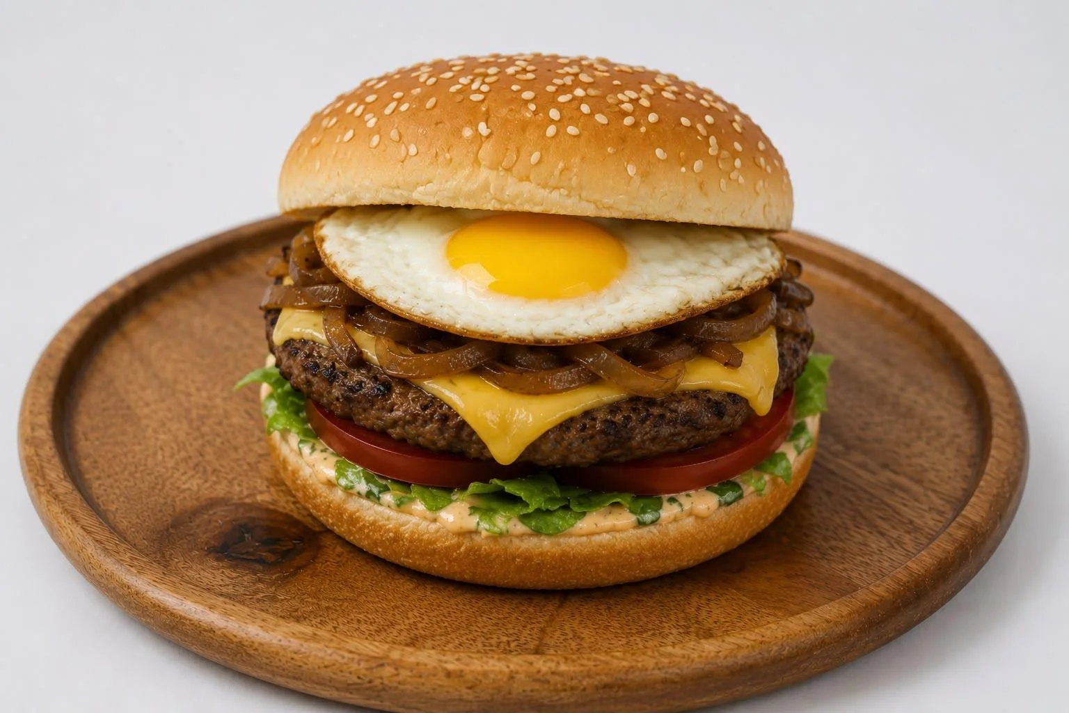 A burger with a juicy beef patty, melted cheese, a fried egg, grilled onions, lettuce, and tomato, all nestled in a sesame seed bun and served on a wooden plate.