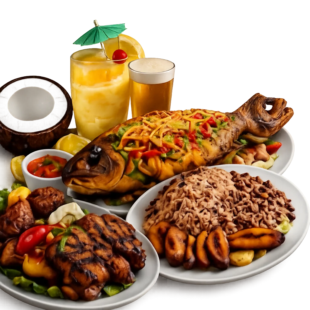 Grilled whole fish with sides in Caribbean style
