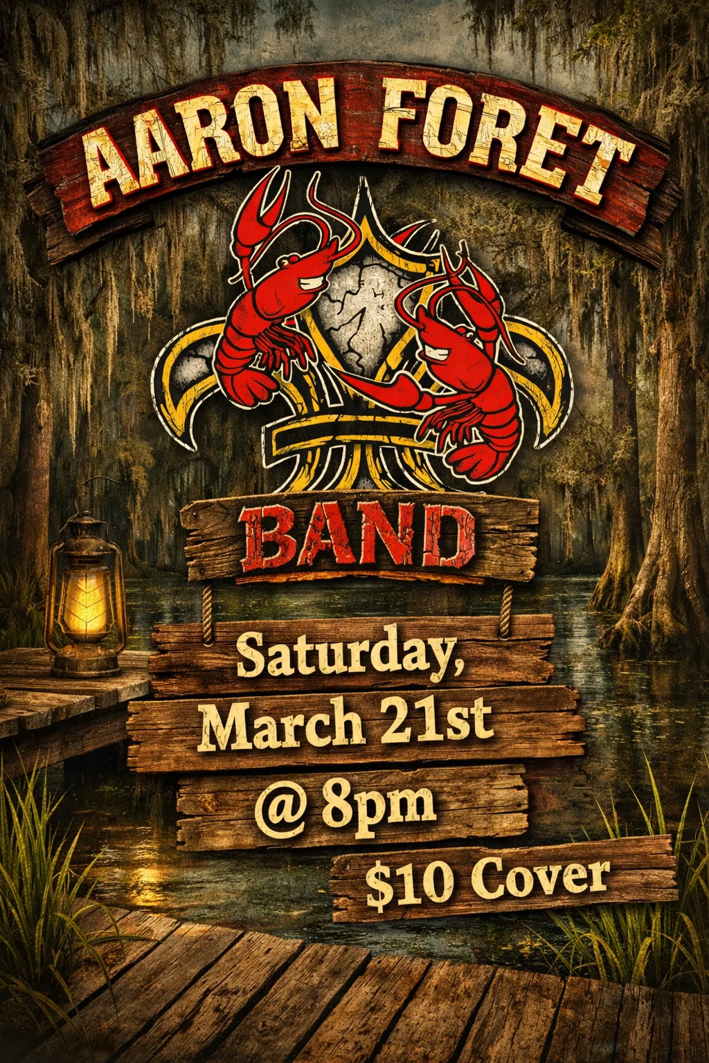 Live music event poster featuring crawfish and band details