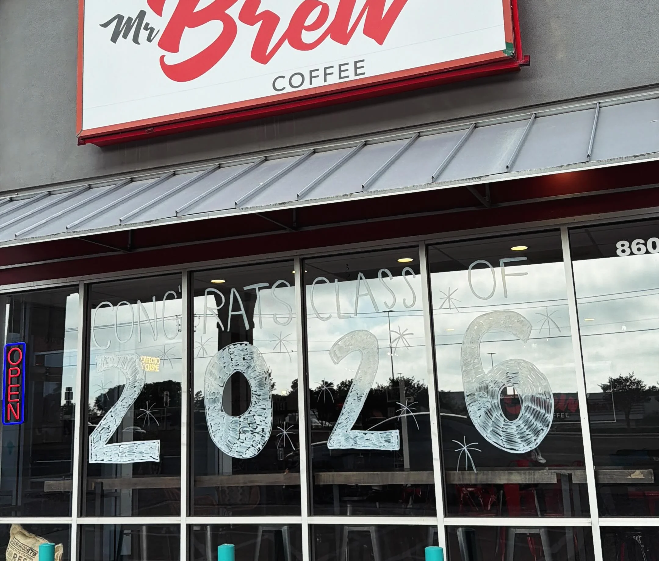 Mr Brew Coffee shop exterior celebrating Class of 2026