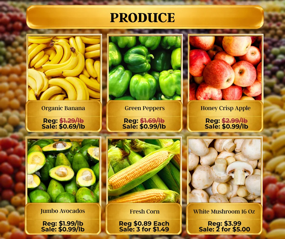 Fresh produce assortment including fruits and vegetables.