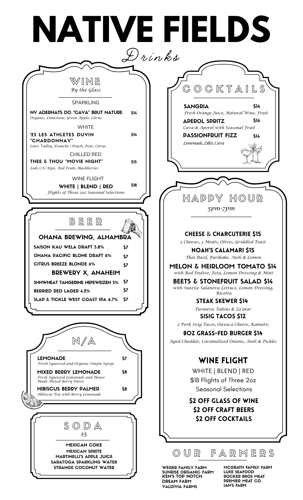 Drink menu featuring cocktails, wines, and craft beers in a restaurant setting