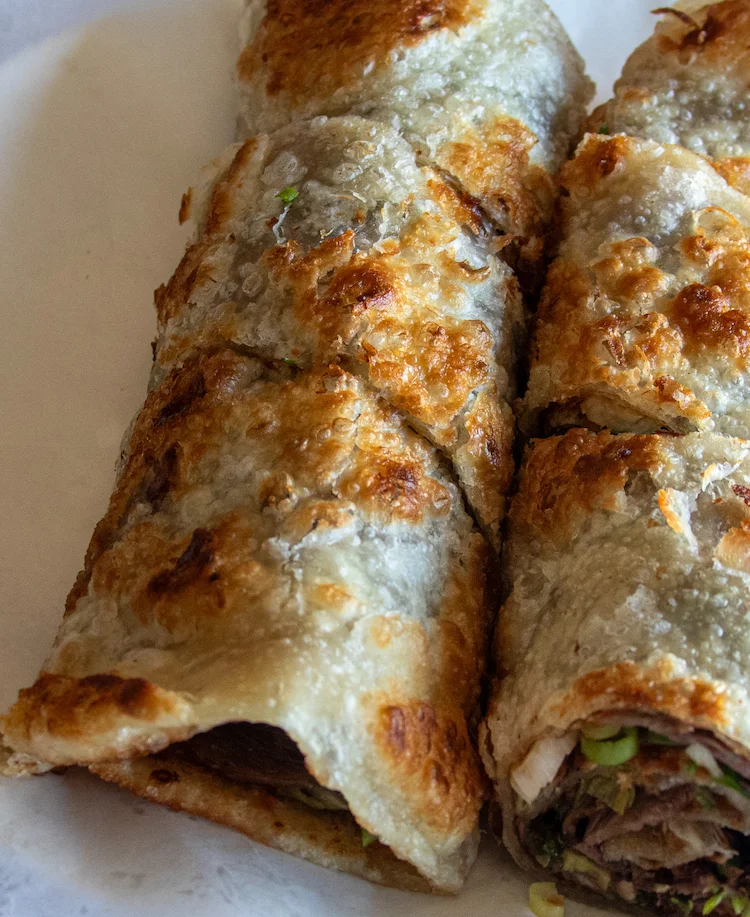 Crispy Chinese scallion pancakes with beef filling