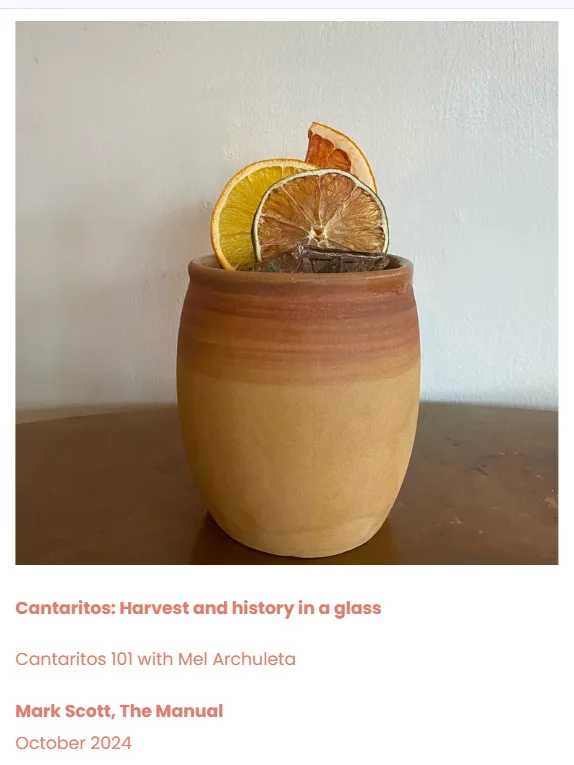 A clay cup filled with dried citrus slices and ice.