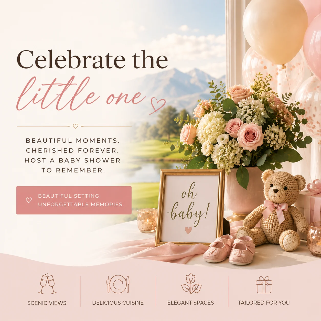 Elegant baby shower setup with flowers and decorations