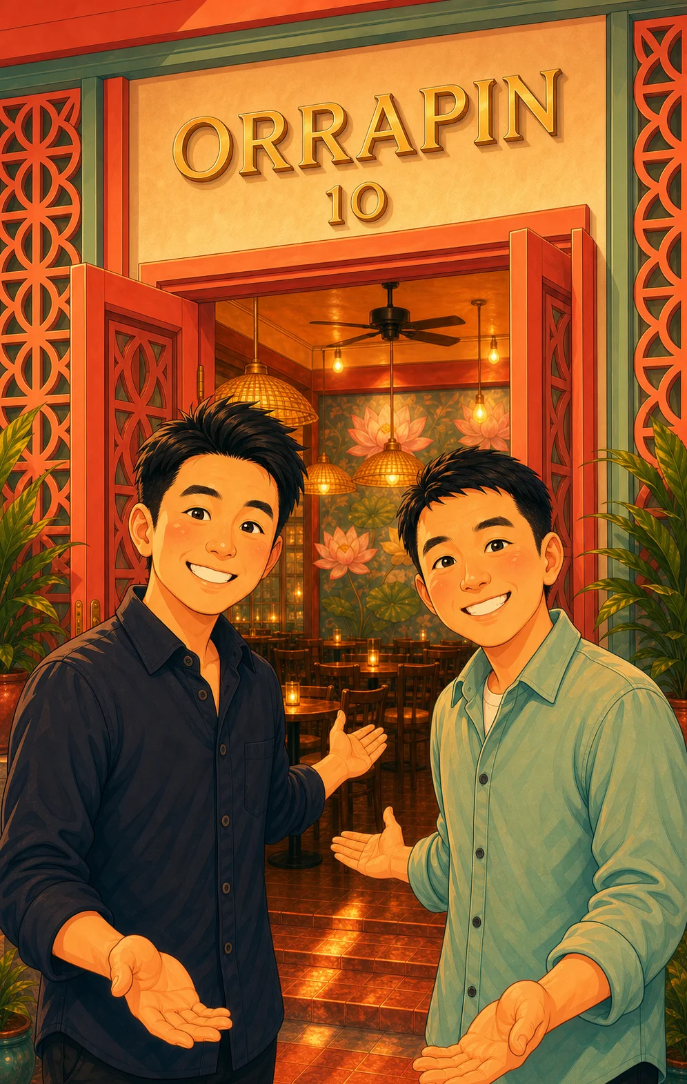Welcoming restaurant entrance with vibrant decor and smiling hosts