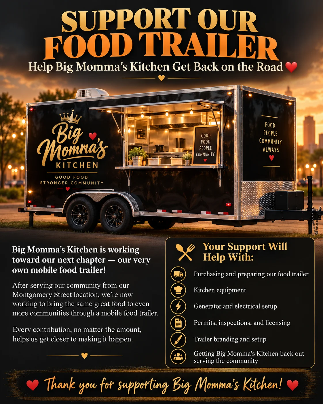 Promotional graphic featuring a restaurant food trailer and community support message