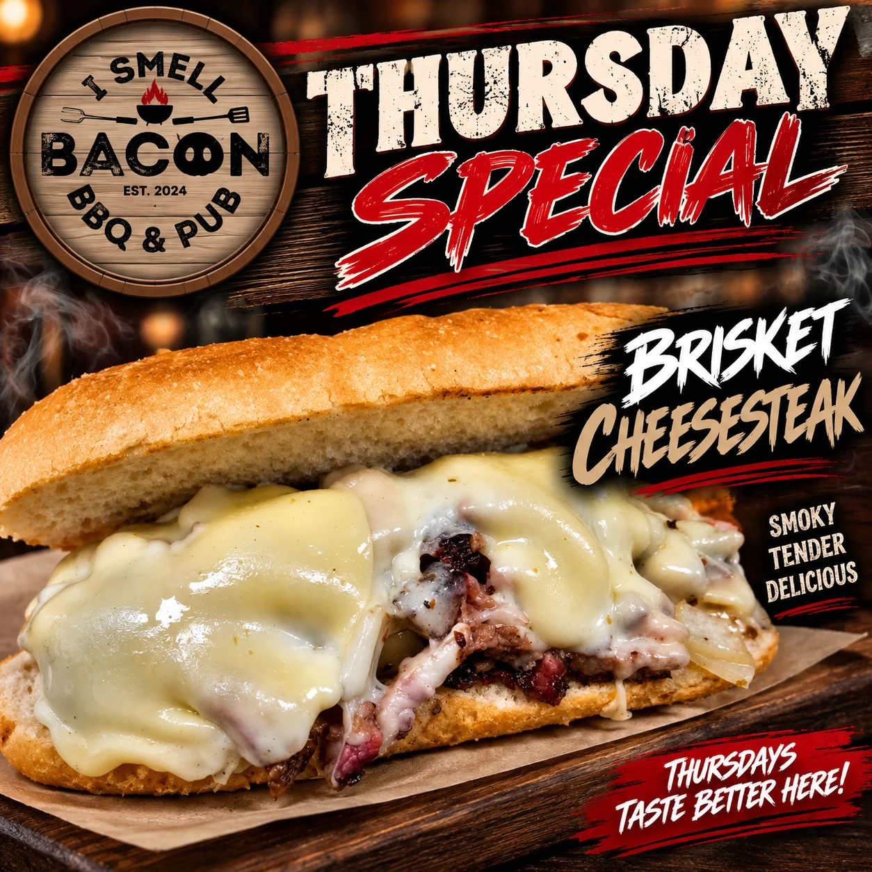 Brisket cheesesteak sandwich from a BBQ pub, served hot and juicy