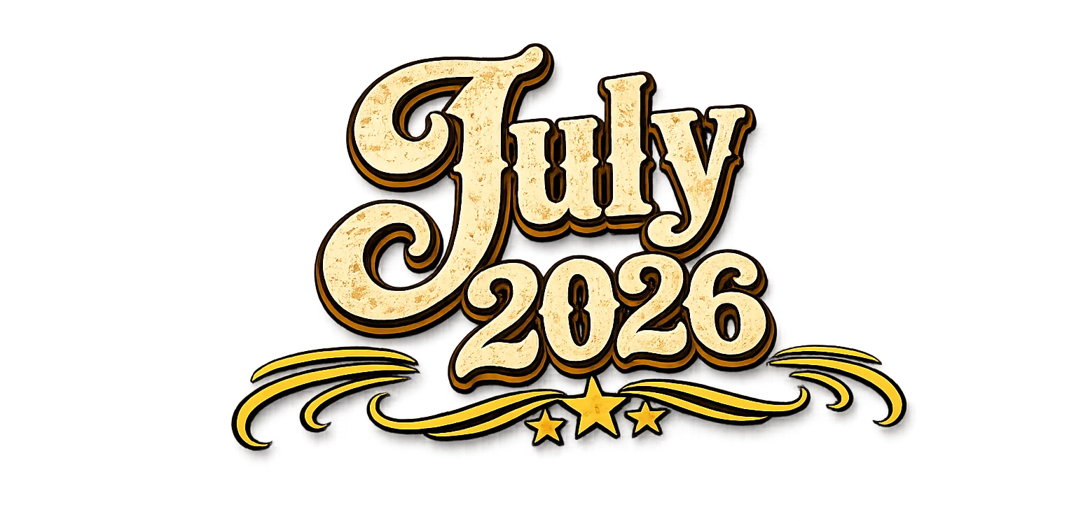 Stylized text displaying 'July 2026' with decorative elements.