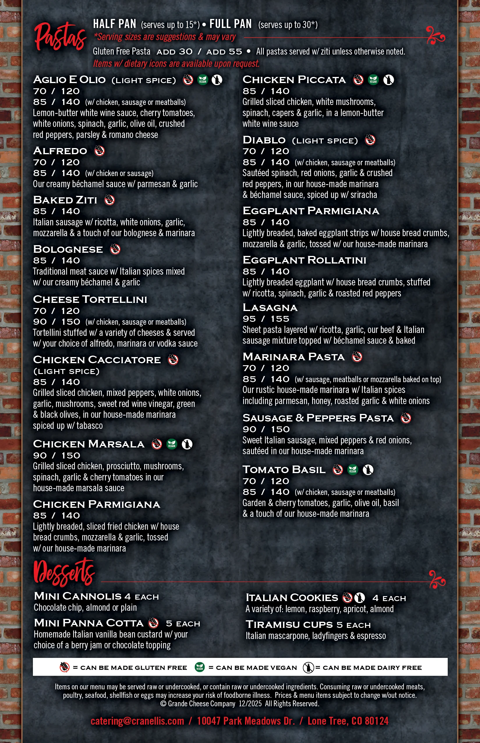 Italian pasta catering menu with various dishes