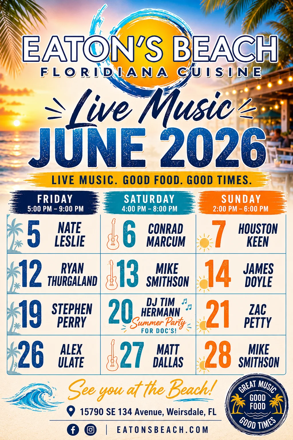 Live music schedule for Eaton's Beach in June 2026 with vibrant sunset background.