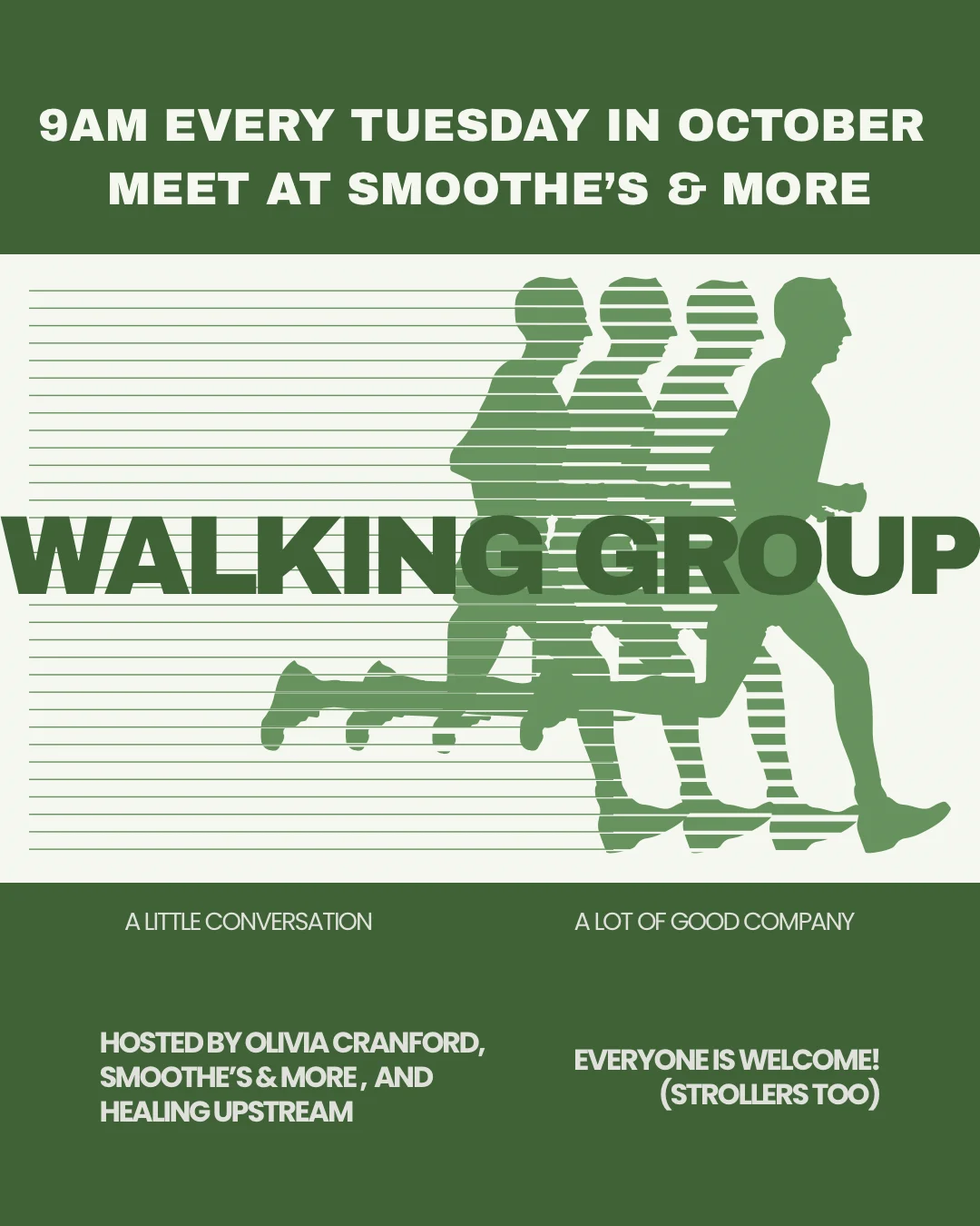 Typography event flyer with walking group illustration and community gathering details