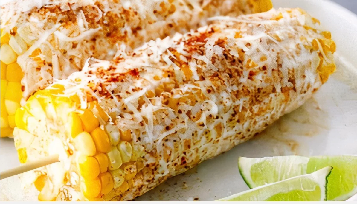 Mexican elote topped with cheese and spices