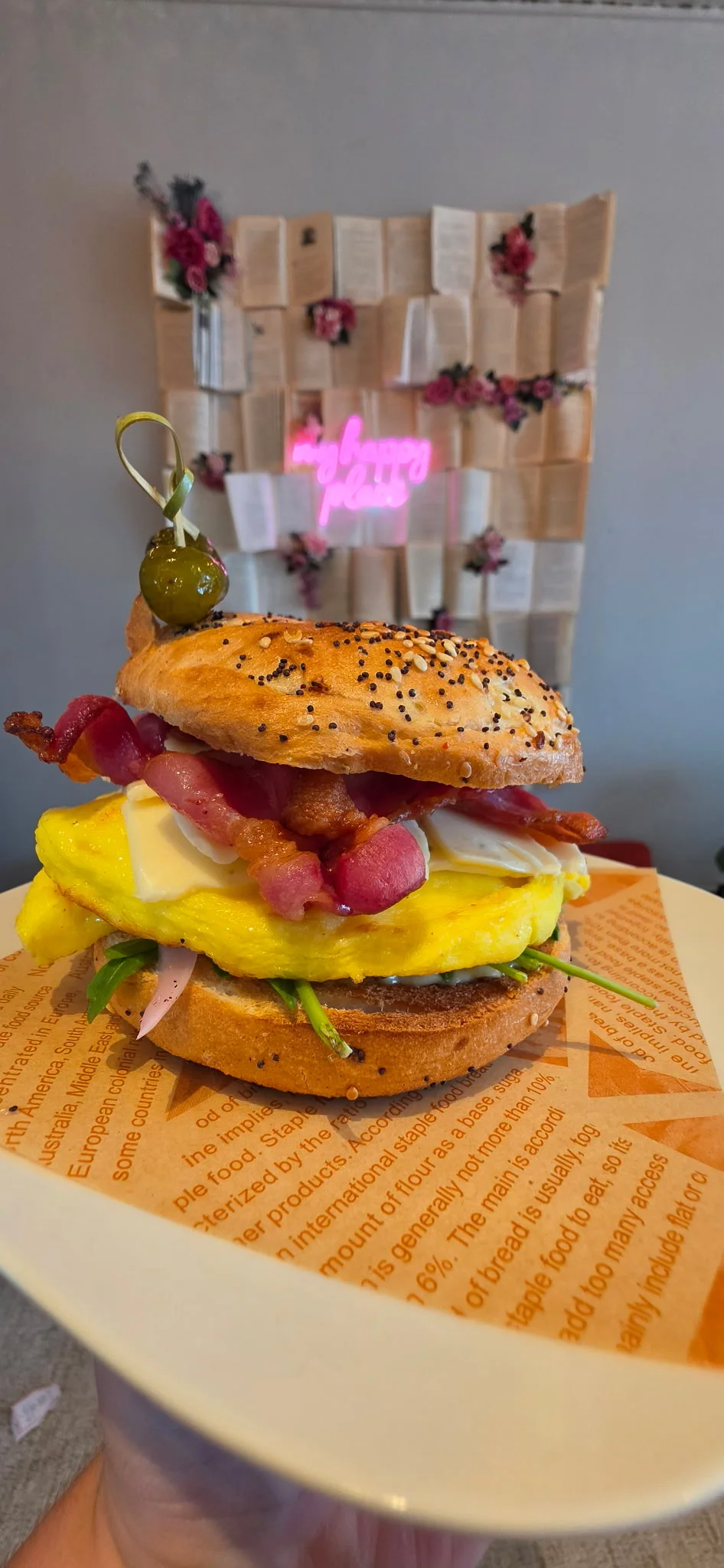 Bagel sandwich with egg and bacon, a classic breakfast dish