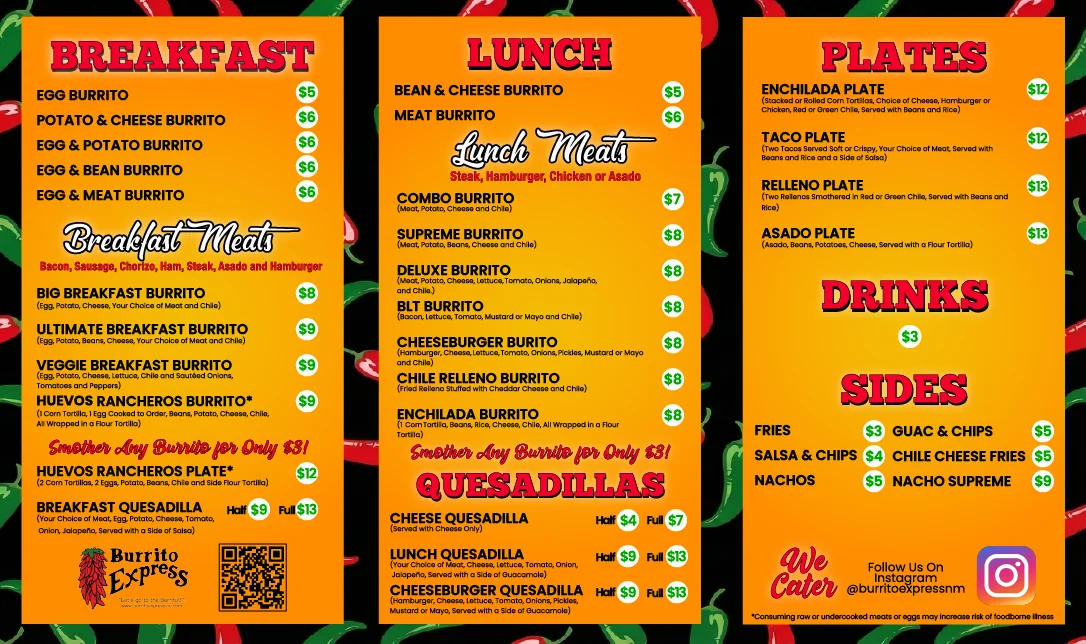 Colorful menu featuring Mexican burritos and plates