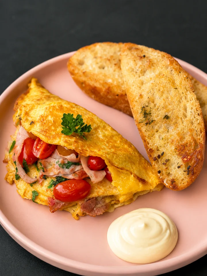 A fluffy omelet filled with tomatoes and ham, served with garlic toast and a side of mayonnaise.