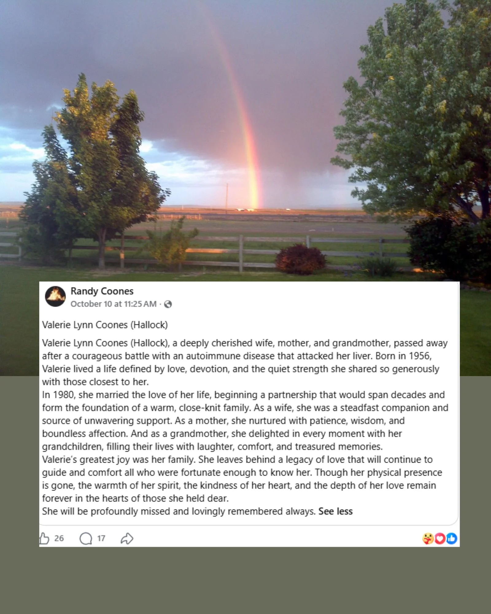 Rainbow over rural farmland with trees and a social media post overlay
