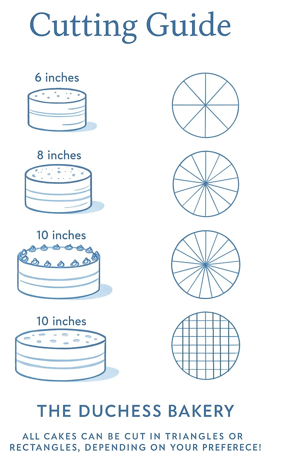 Cake cutting guide for various sizes at The Duchess Bakery